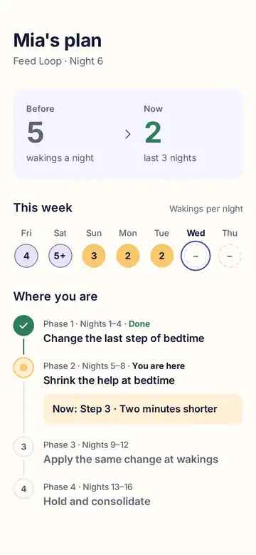 Dreamlink app: the plan, with the week's wakings and the four phases
