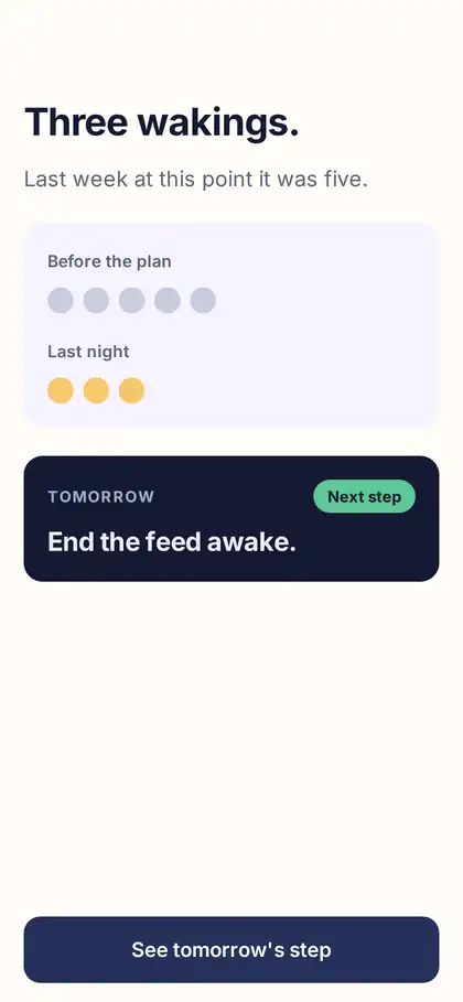 Dreamlink app: last night compared with before the plan, and tomorrow's step